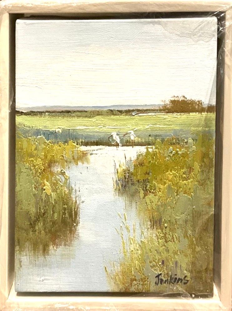 Original Art, 8 x 10 , Two Egrets in Marsh, Off- White frame