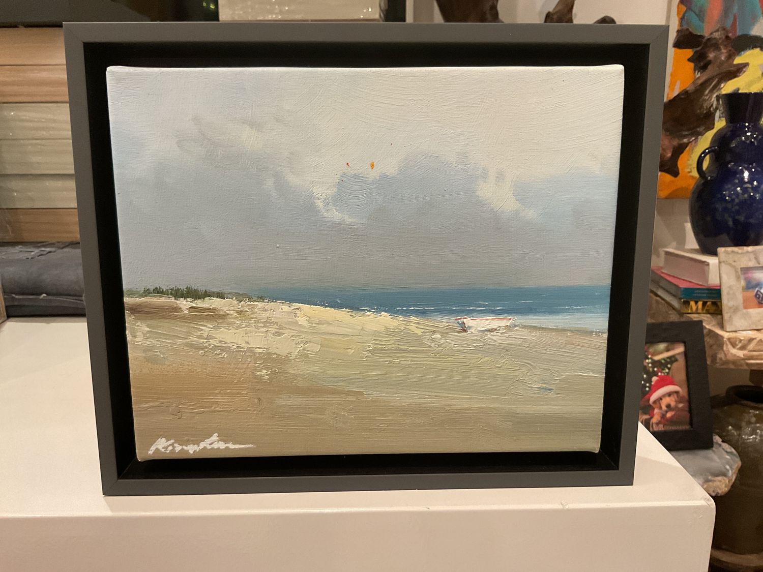 Original Art, 8 x 10 framed landscape,Dr Gr frame, Beach Dinghy