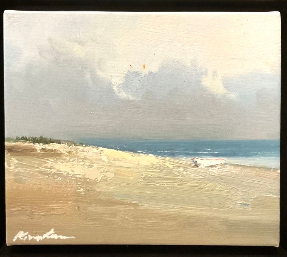 Original Art, 8 x 10 framed landscape,Dr Gr frame, Beach Dinghy