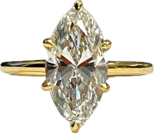 Ring, Lab Dia 3.08 ct, Size 7, Marquise Cut Solitaire, 6 Prong Setting, 3.32 14kYG