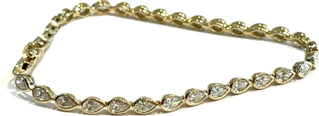Bracelet, Lab Dia 3.14ct 6.22 14k YG, Pear Tennis Bracelet in Bezel Setting 7"