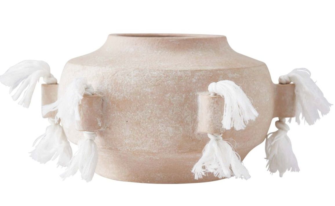 Vase Whitewashed, Terracotta W Rope Tassels Dia: 13.5 in x H: 7 in