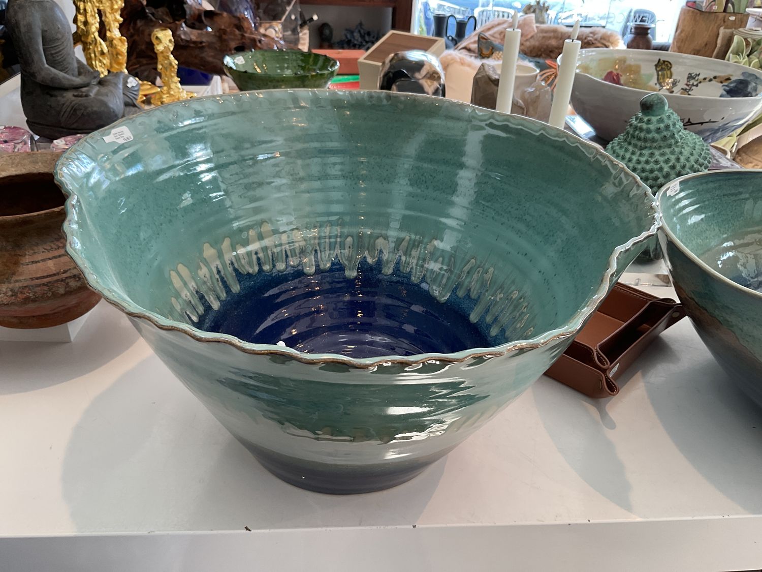 Fluted Serving Bowl Reaction Glazed Blue