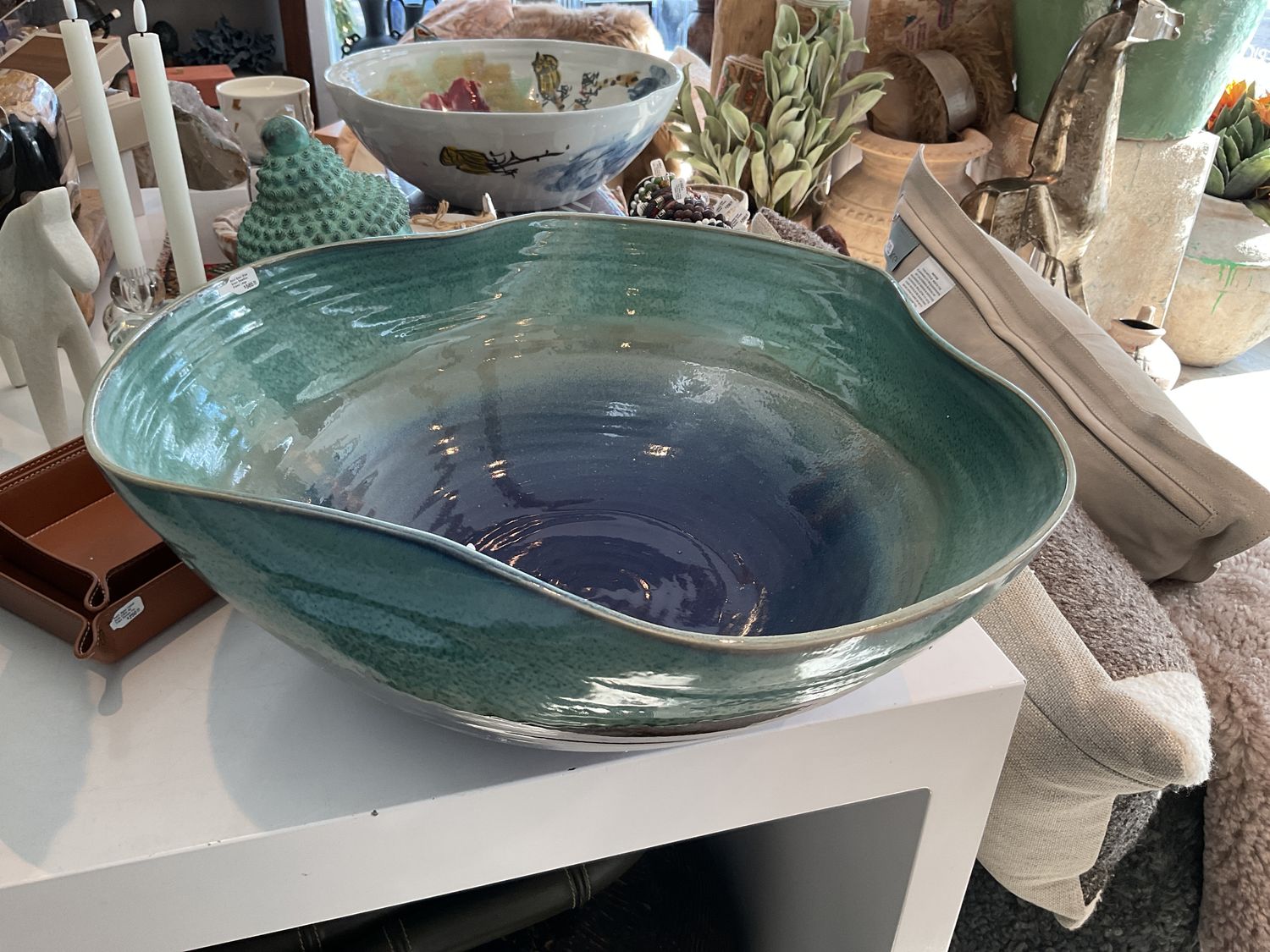 Swirl Bowl Blue Green Reaction Glazed Large