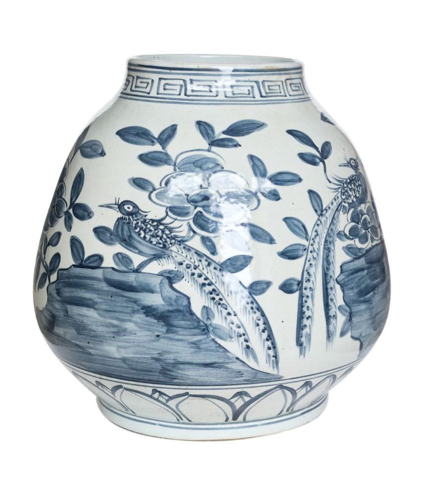 Barclay Butera Couture Blue &amp; White Porcelain Mandarin Pot Floral Bird Motif, 14"