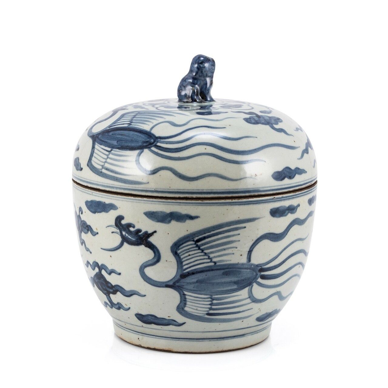 Blue And White Phoenix Lidded Jar 11"H x 10"W
