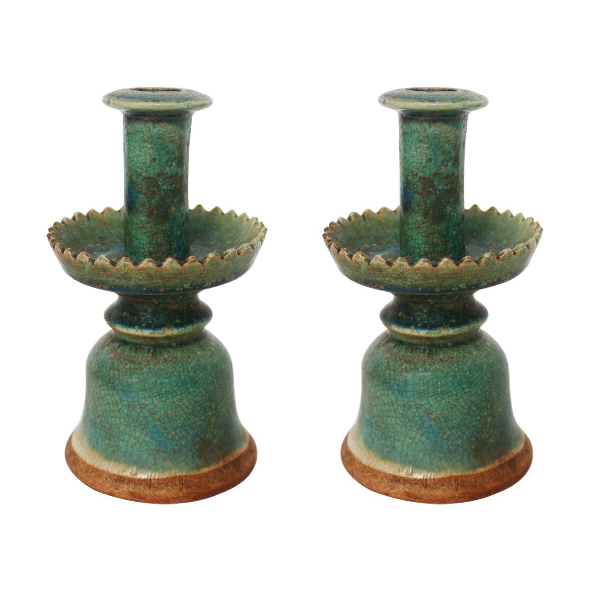 Pair of Speckled Green Candle Holders 9"H x 5"W
