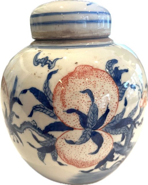 Blue And White Porcelain Mini Jar Longevity Peach 6.5"H x 6.5"W