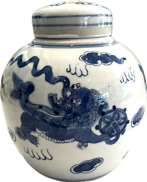 Blue And White Tiny Lid Mini Jar Lion 6.5"H