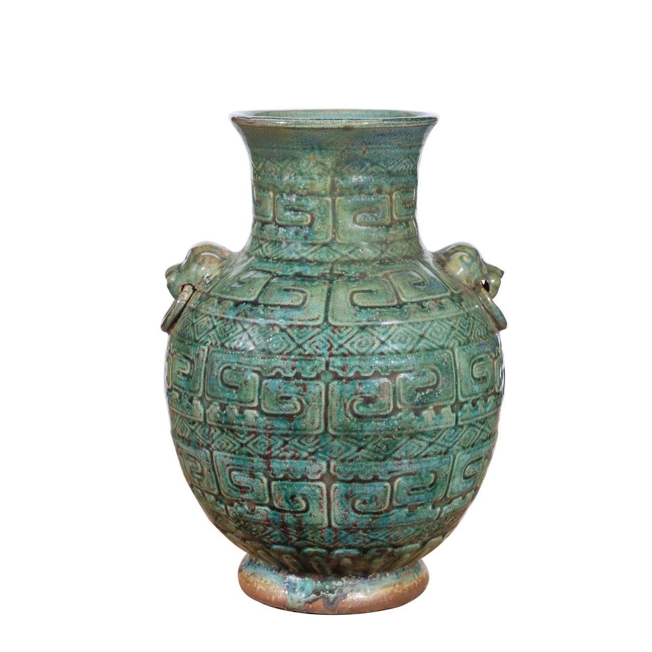 Speckled Green Greek Key Carving Vase 11"H x 8.5"W