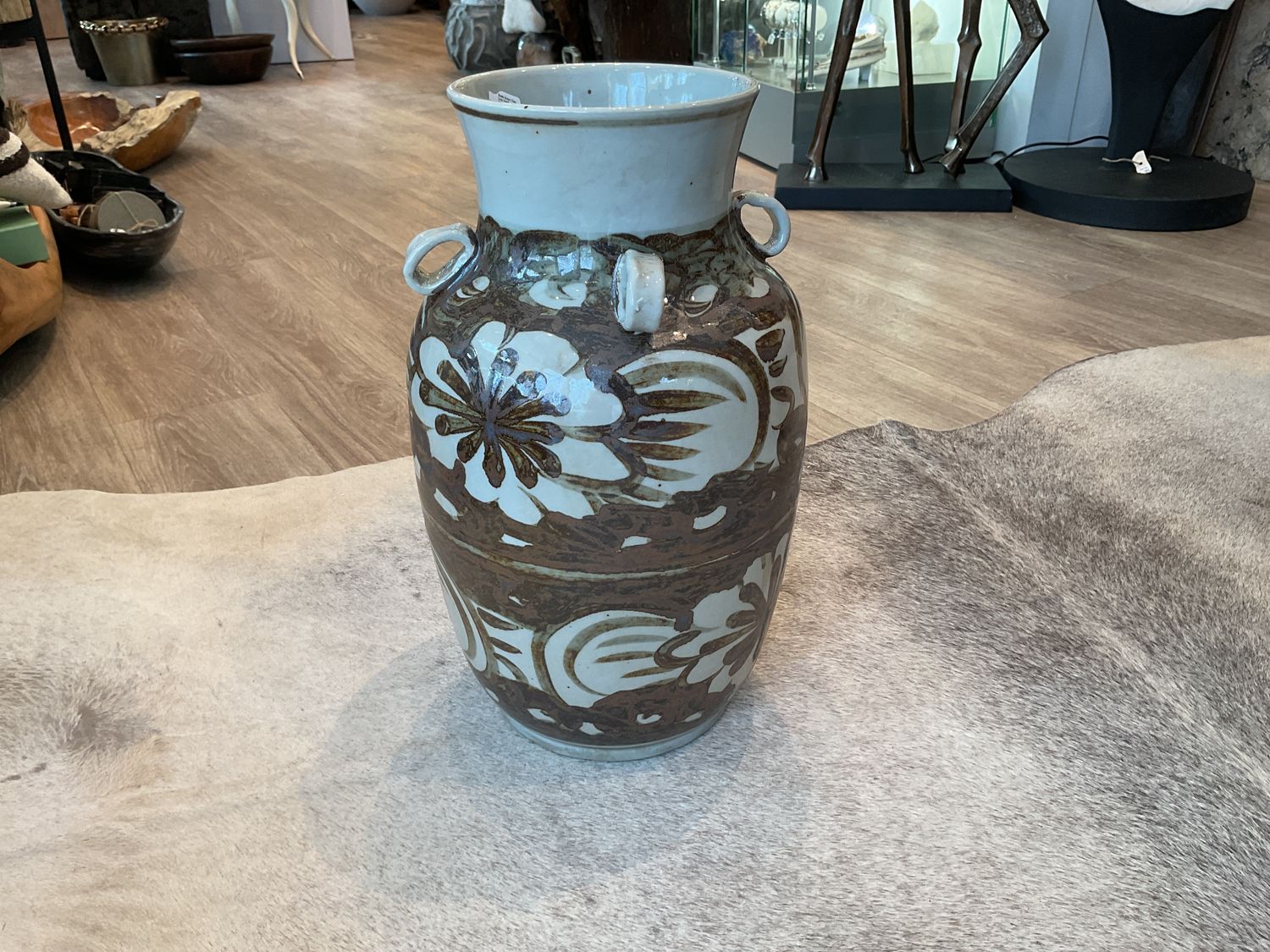 Rustic Brown Four Loop Handle Jar Twisted Flower Motif