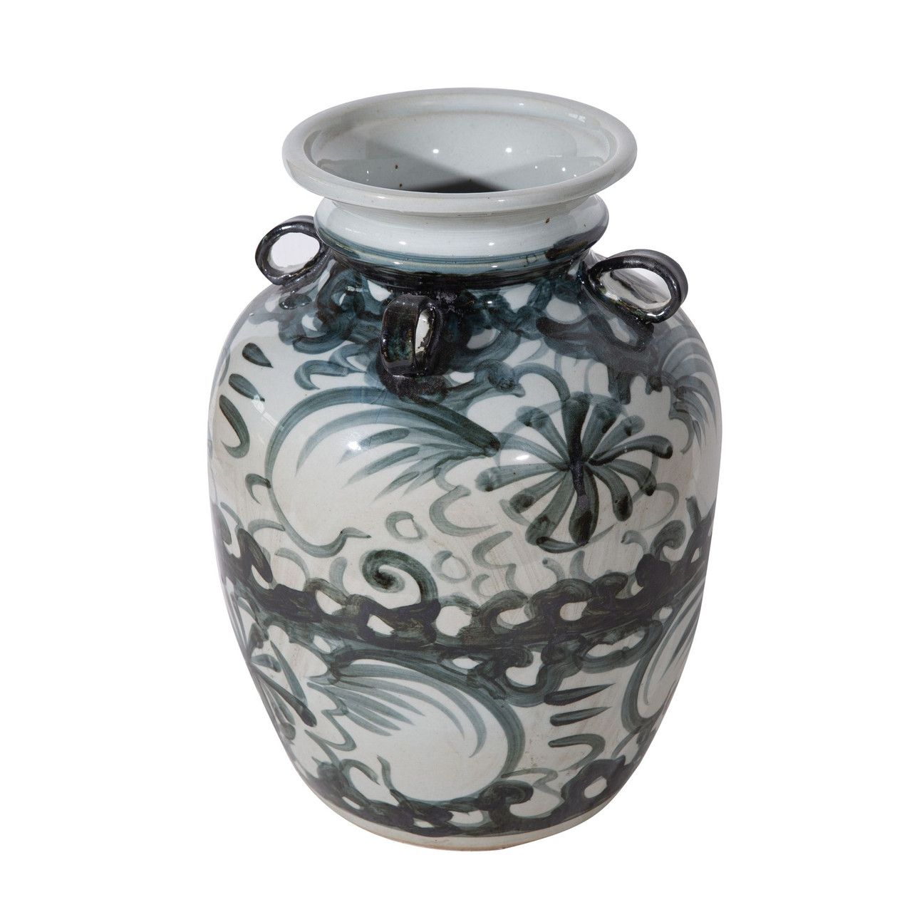 Rustic Blue Four Loop Handle Jar Twisted Flower Motif 16"H x 10"W