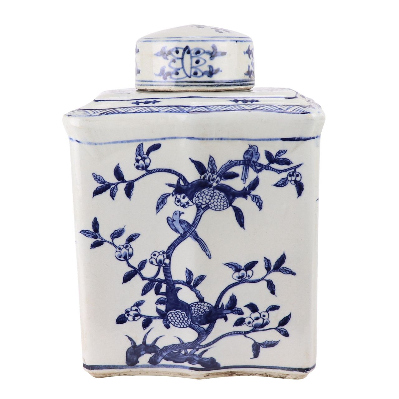 Blue And White Curved Tea Jar Pomegranate Motif 15"H x 10"W