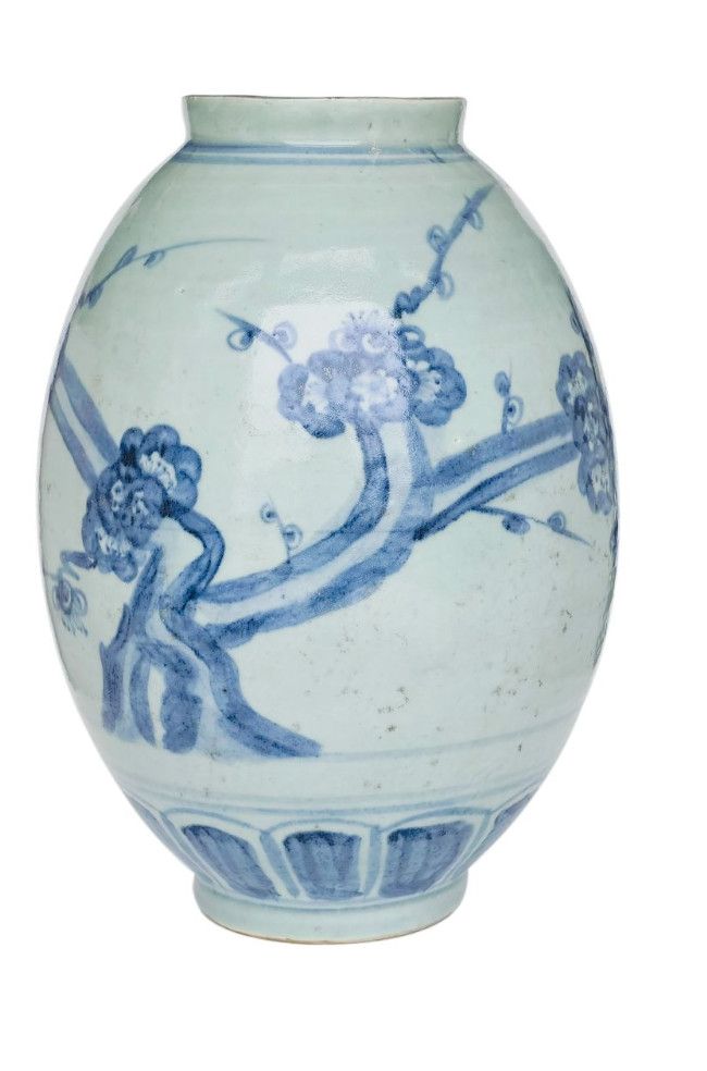 Barclay Butera Couture Blue &amp; White Porcelain Olive Jar Cherry Blossom, 15" H x 11"