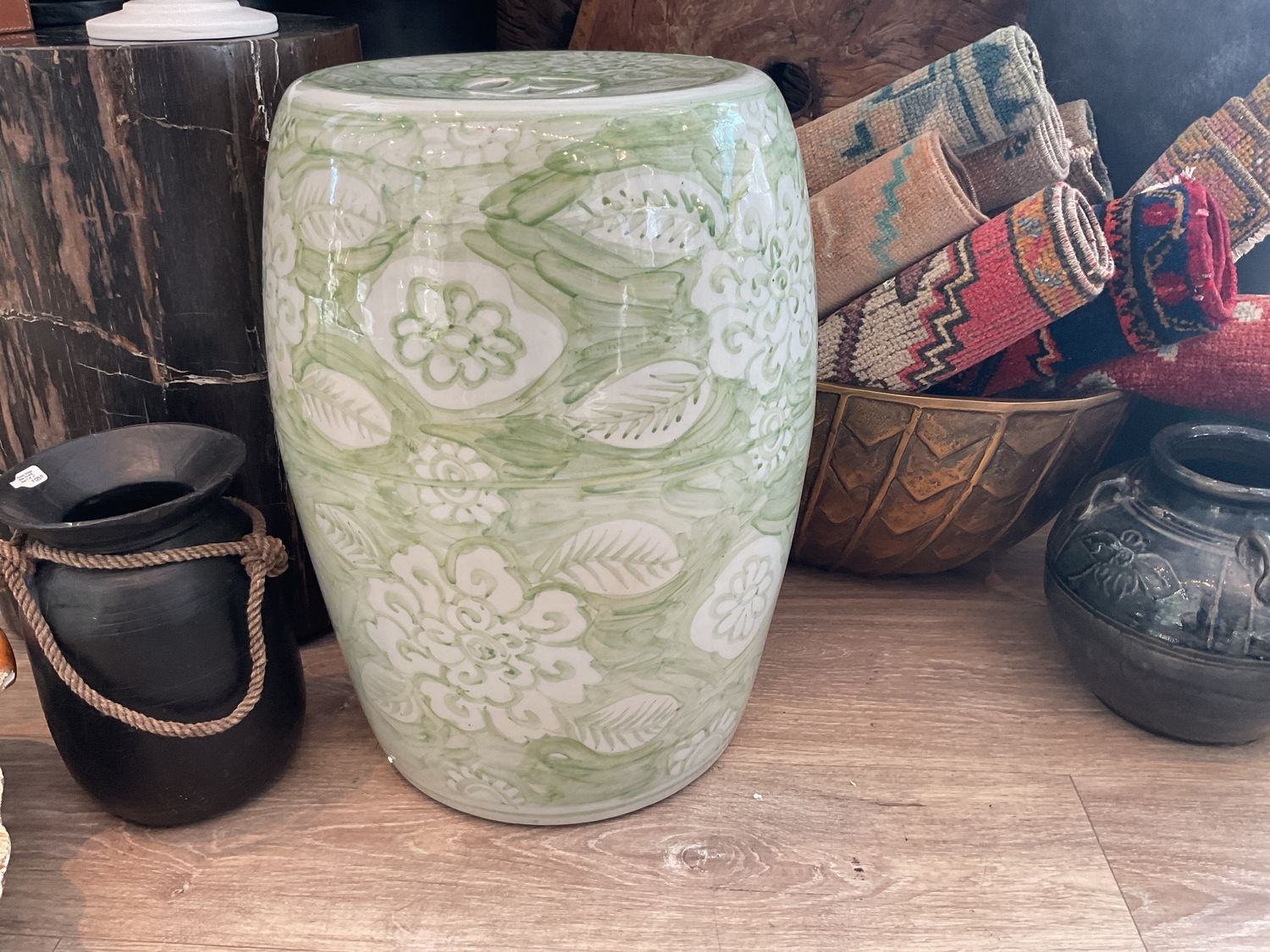 Moss Green Porcelain Garden Stool Treasure Flower Motif