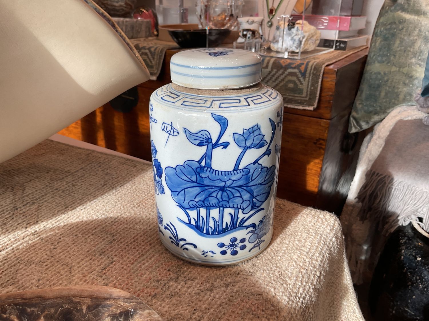 Blue And White Mini Tea Jar Lotus Floral, 7.5" H x 5" D