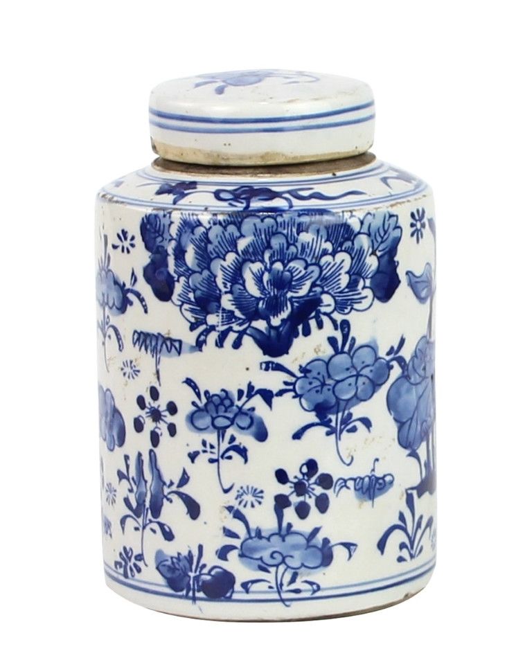 SOLD Blue And White Mini Tea Jar Lotus Floral, 7.5" H x 5" D