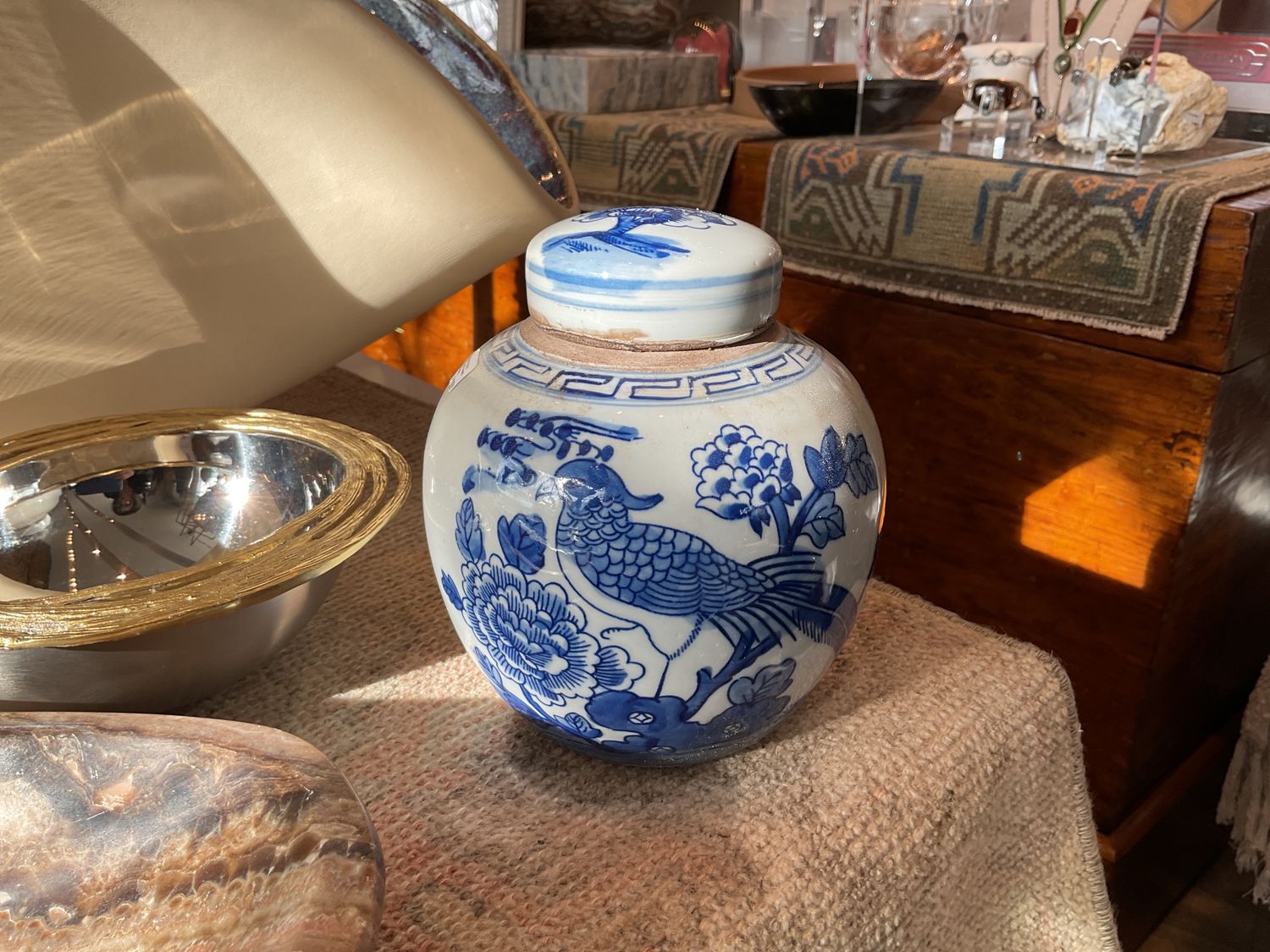 Blue And White Mini Jar Pheasant With Peony