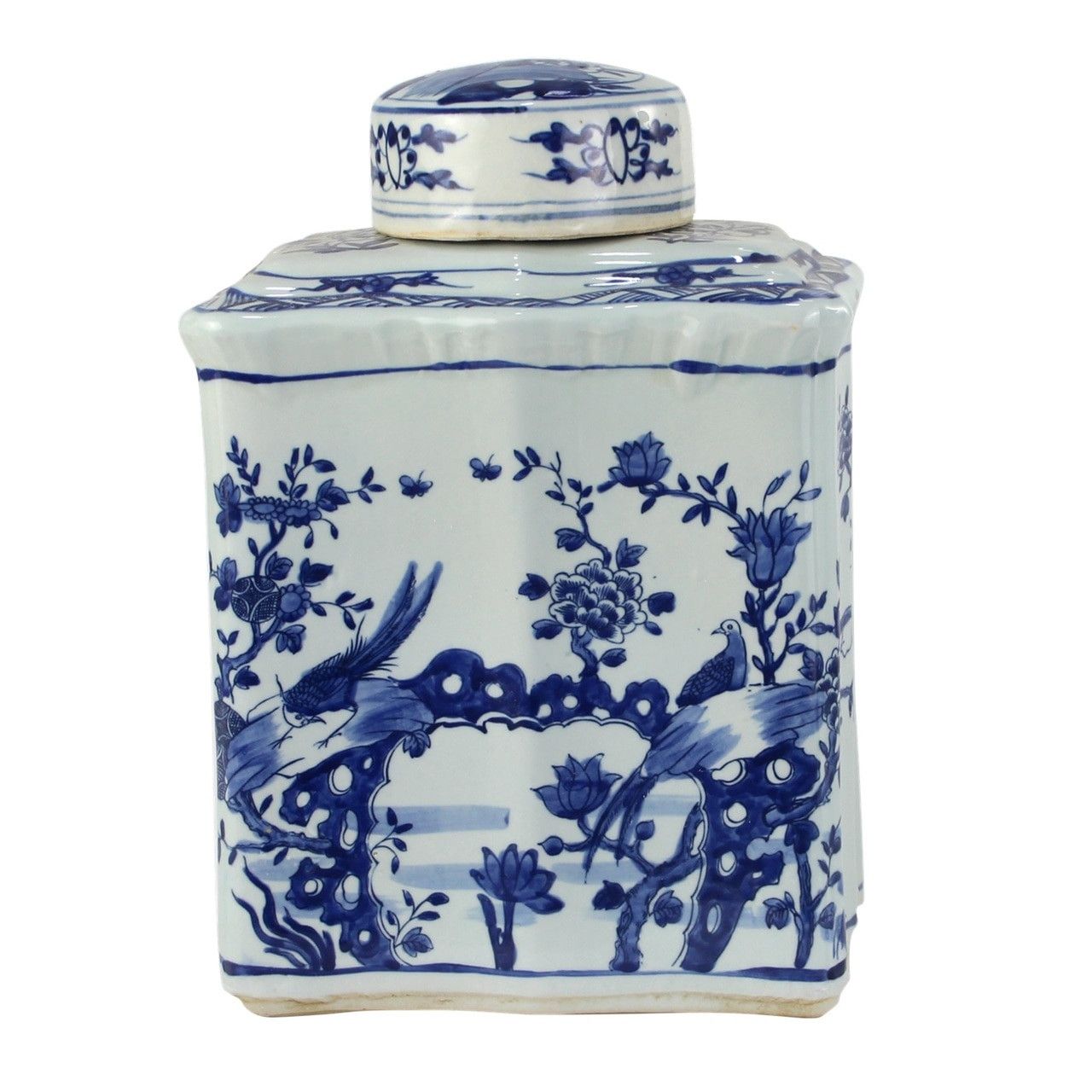 Blue And White Curved Tea Jar Bird Floral Design 15"H x 10"W