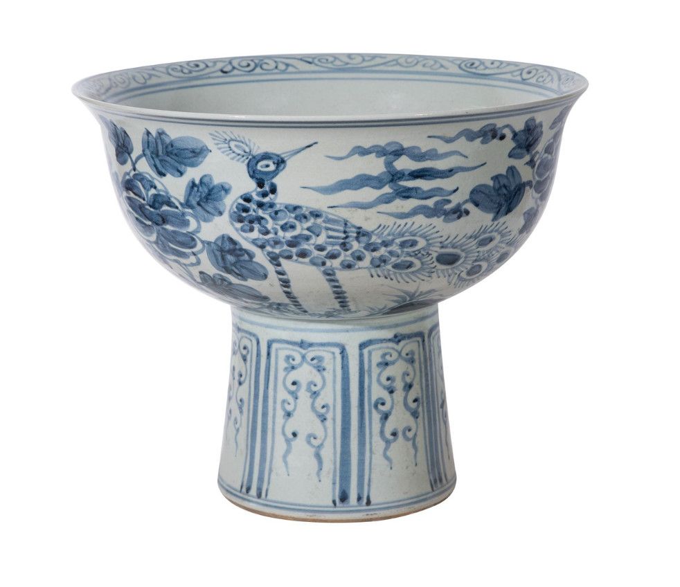 Yuan Blue And White Crane Mortif Serving Bowl Tall Base, 16" H x 13.5"Diam