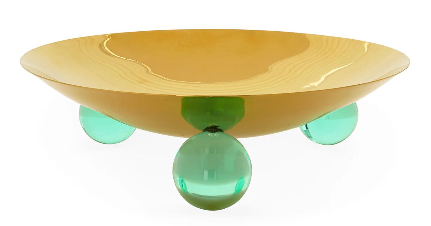 Brass Shallow Bowl, Celadon Green Tripod Ball Feet (acrylic), 12" D