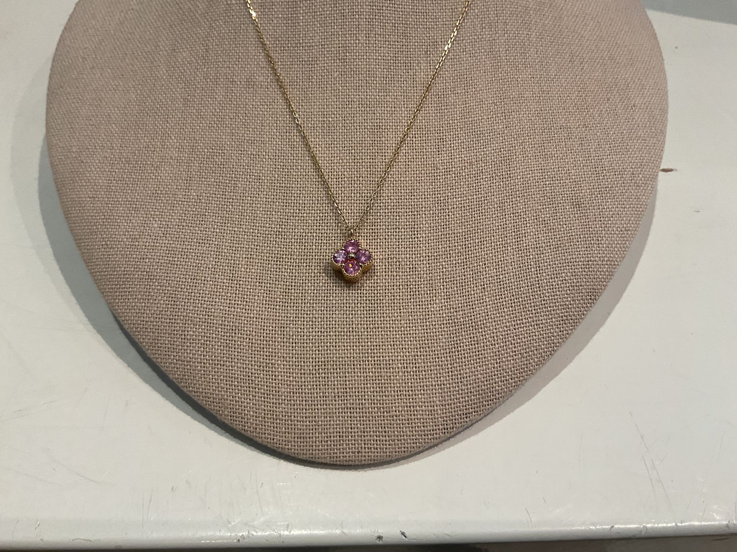 Necklace, YG Two-Sided 1.22ct MOP &amp; Pink Sapphire Clover, Adjustable 16, 17, 18" 14KYG 2.9 g. wt.