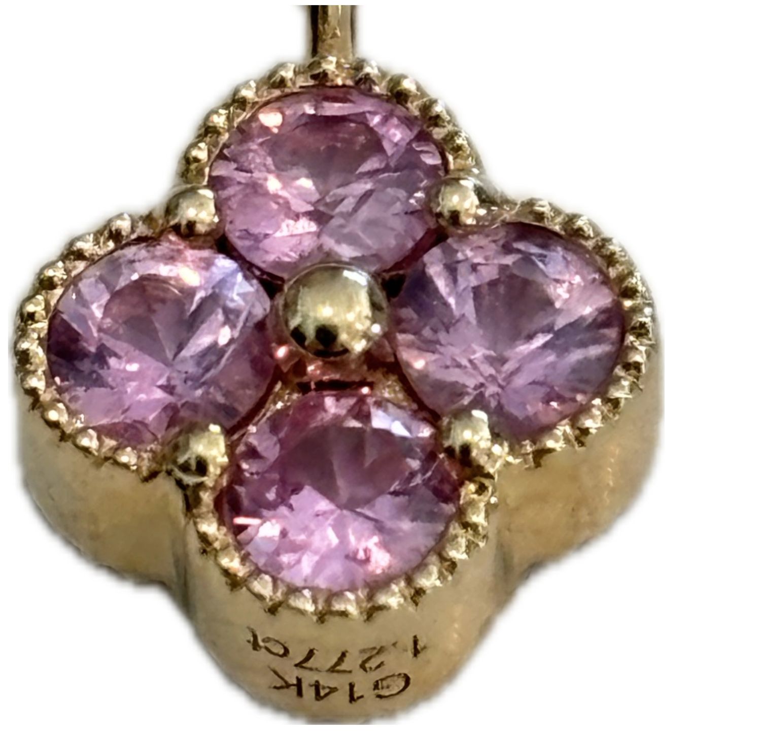 Necklace, YG Two-Sided 1.22ct MOP &amp; Pink Sapphire Clover, Adjustable 16, 17, 18" 14KYG 2.9 g. wt.