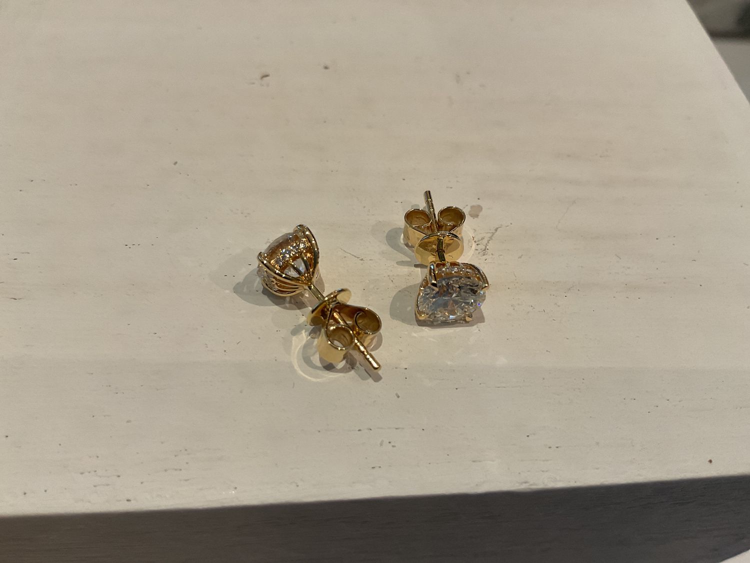 Earrings, YG Brilliant Cut Studs, 2.16ct (1.08 ea) E/F Color, VS Lab Dia Studs, Brilliant Round 14KYG 4 Prong Martini Dia Setting