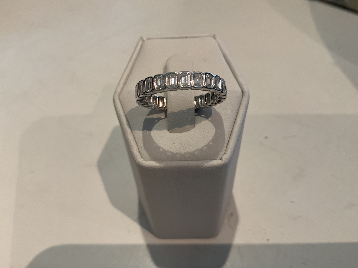 Ring, Sz 7, Emerald Cut, Bezel Sets, Eternity 1.82ct Lab Dia Band, 14KWG 2.52 g. wt.