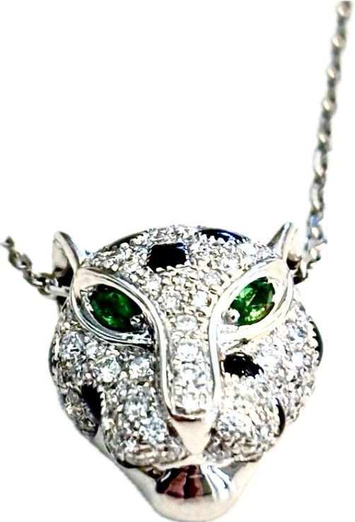 Necklace, WG Panther, Adjustable 16, 18" 14KWG w/.7 ct Lab Dia Pave, Emeralds, &amp; Onyx  4.94 g. wt.