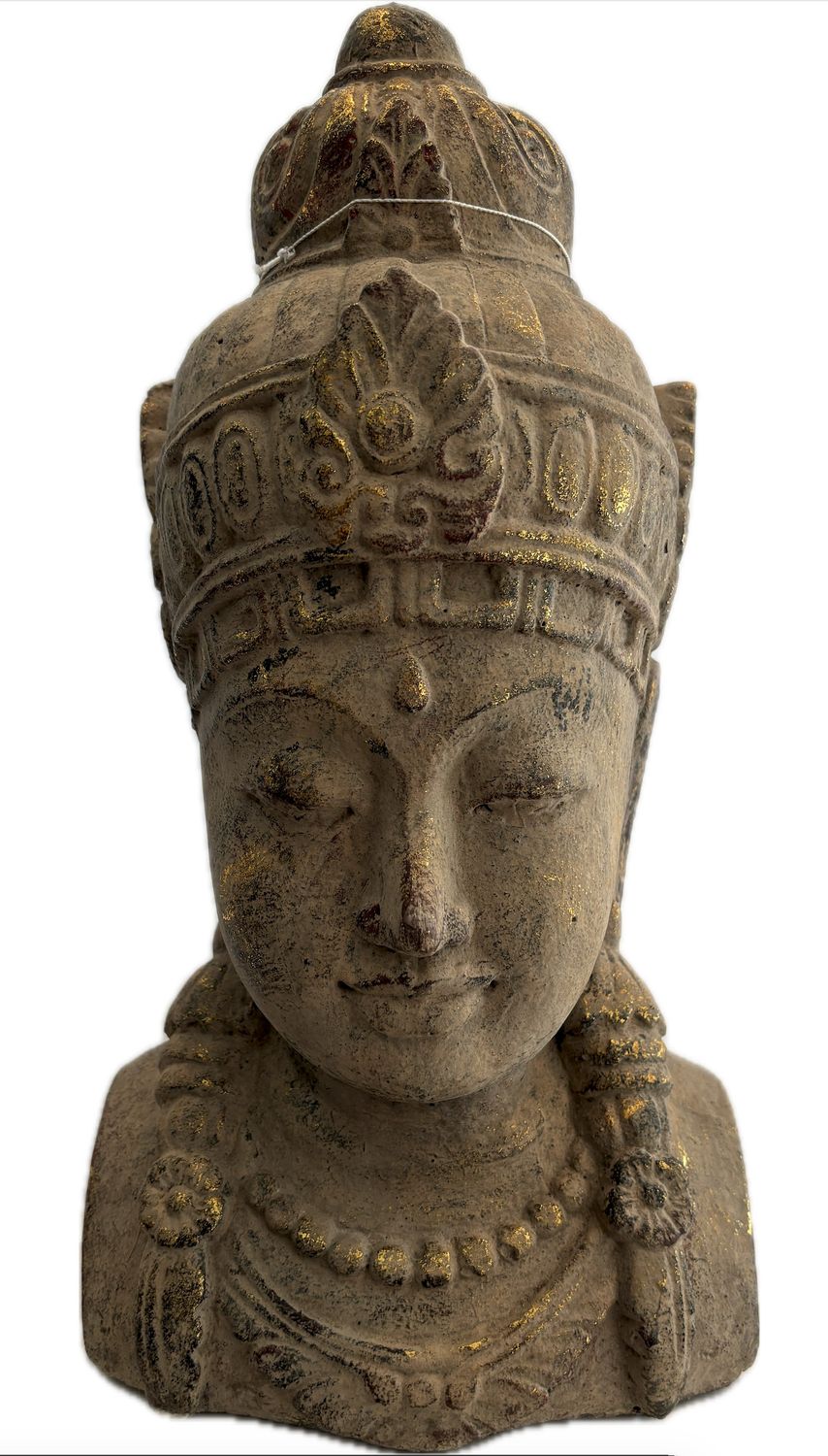 Buddha Head, Female, Stone with Gold Leaf, Lg 17" H