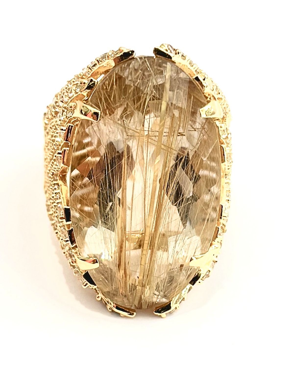 Ring Sz 5  Rutilated Quartz 16.4 ct, 18k WG Vermeil,  White Topaz Accents