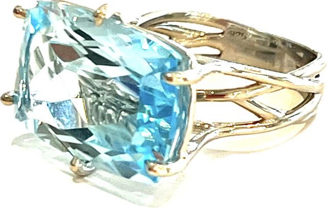 Ring Sz 7 Blue Topaz 11.8 ct, 18k WG Vermeil,  White Topaz Accents