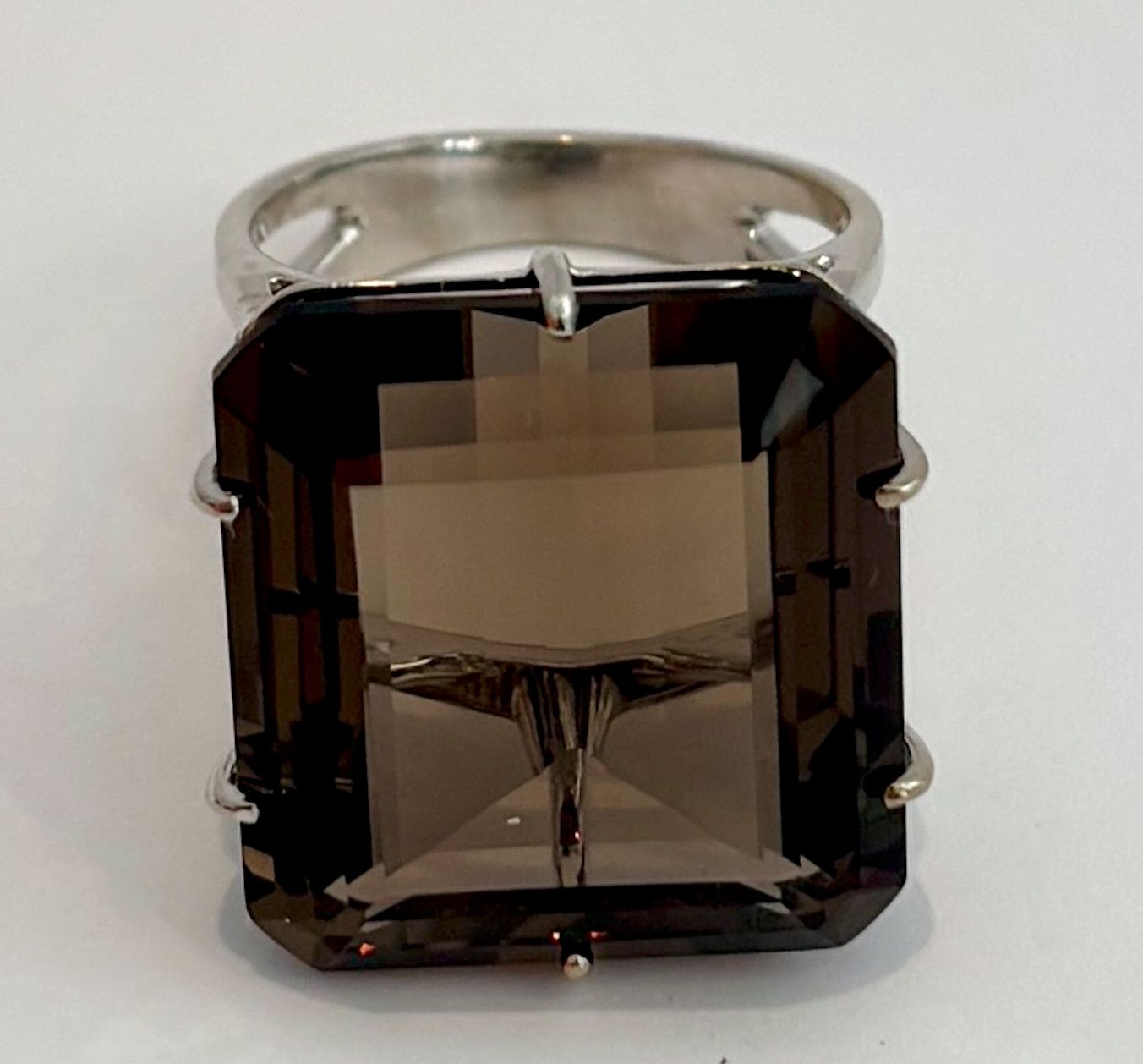 Ring Sz 7 Smoky Quartz 27.0 ct, 18k WG Vermeil