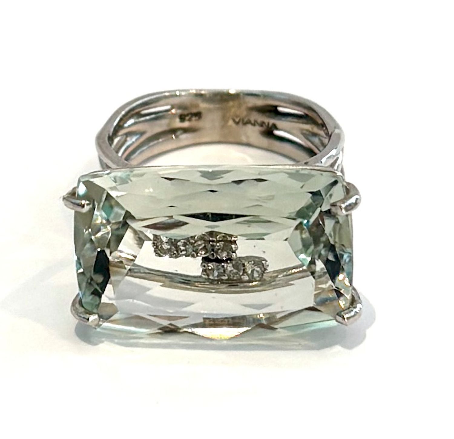 Ring Sz 5.5 Praziolite 11.8 ct, 18k WG Vermeil,  White Topaz Accents