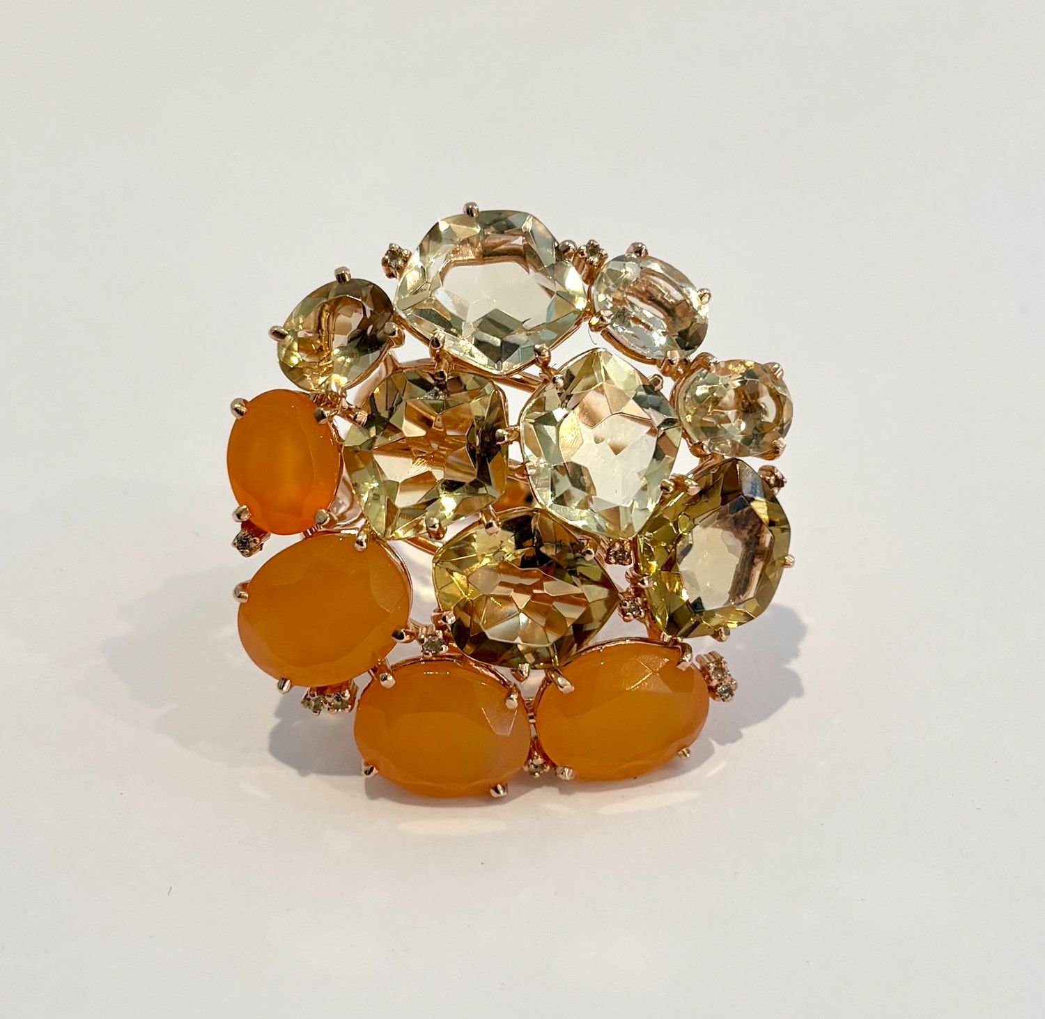 Ring Sz 7.75 Yellow &amp; Off White Citrines, Orange Cornelian (30 cts), 18k RG Vermeil,  White Topaz Accents