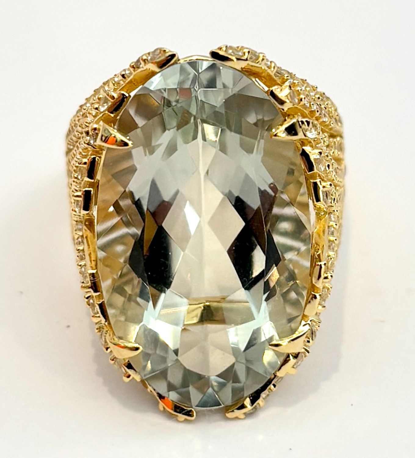 Ring Sz 7 Praziolite 16.4 ct, 18k YG Vermeil,  White Topaz Accents