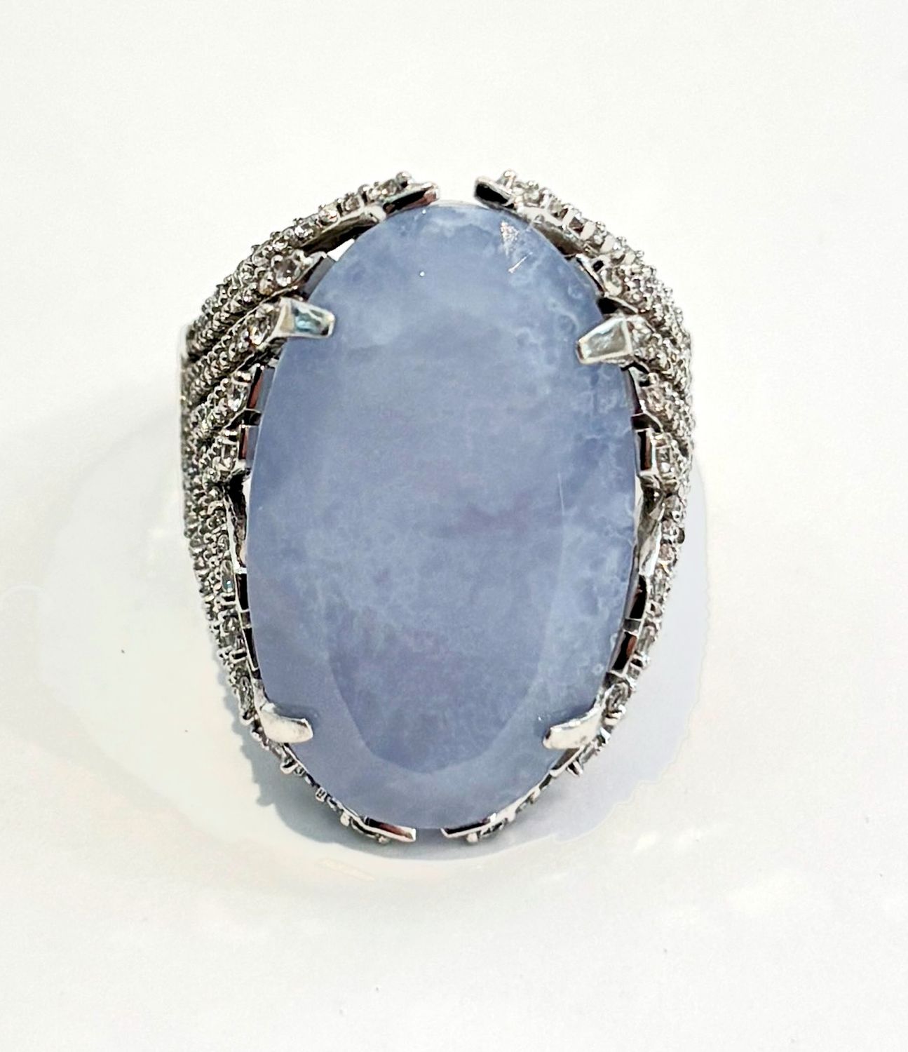 Ring Sz 7.5 Chalcedony 16.4 ct, 18k WG Vermeil,  White Topaz Accents