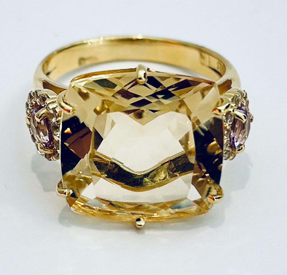 Ring Sz 7 Yellow Light Citrine, Rose de France Amethyst (11 cts),  18k YG Vermeil,  White Topaz Accents