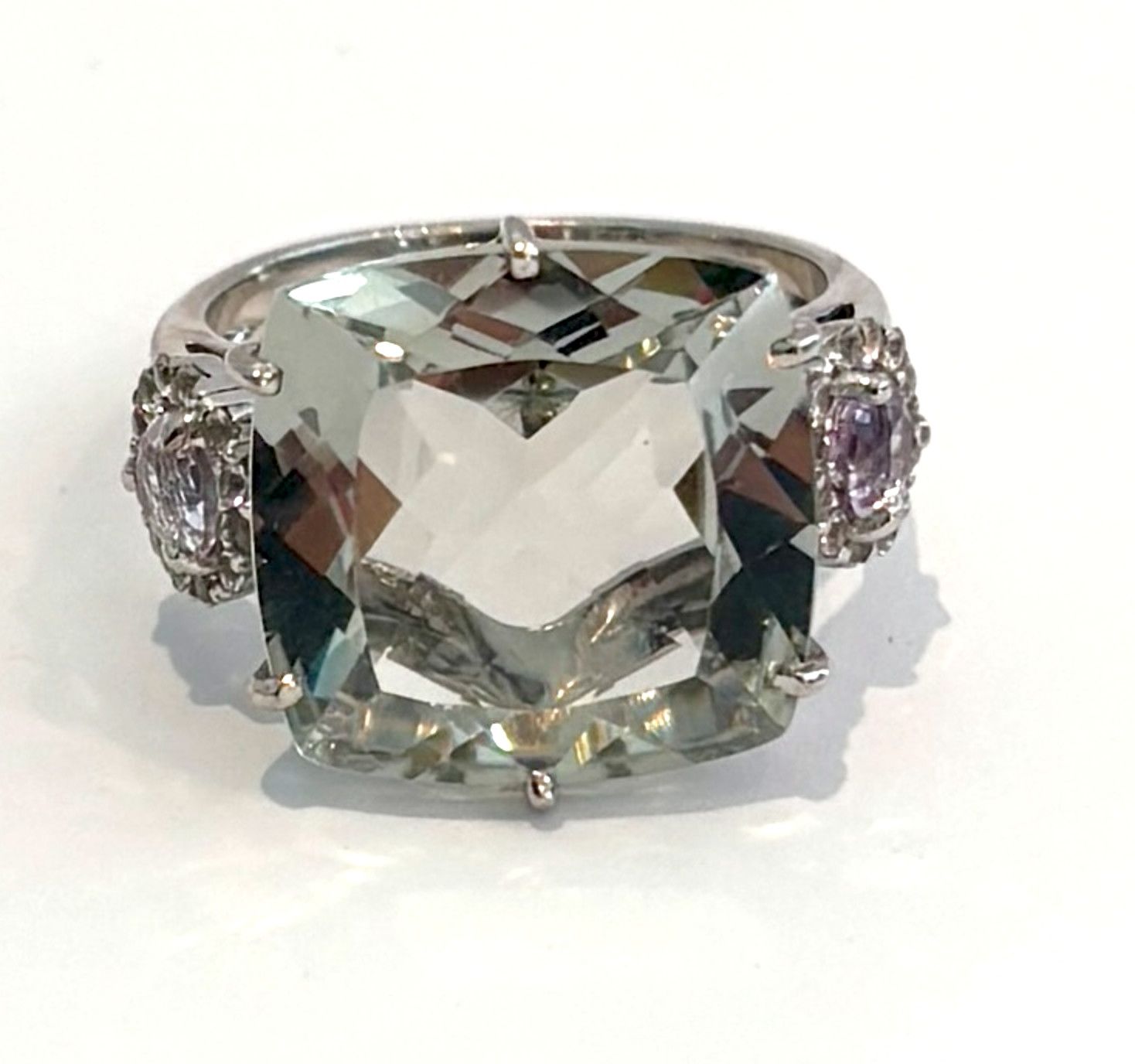 Ring Sz 6.875 Praziolite, Rose de France Amethyst (11 cts),  18k WG Vermeil,  White Topaz Accents