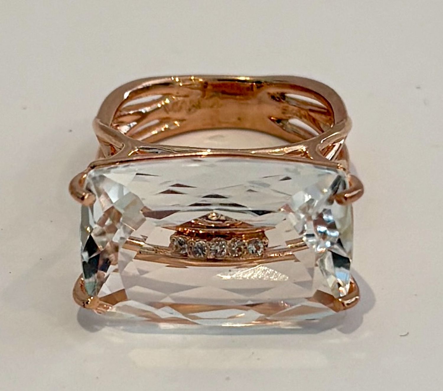 Ring Sz 6 Crystal 11.8 ct, 18k RG Vermeil,  Rectangle White Topaz Accents