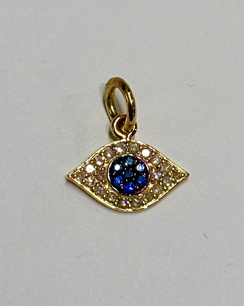 Charm, 14kYG Mini Evil Eye in Pavé Diamond and Sapphire; .14dctw, .17sctw
