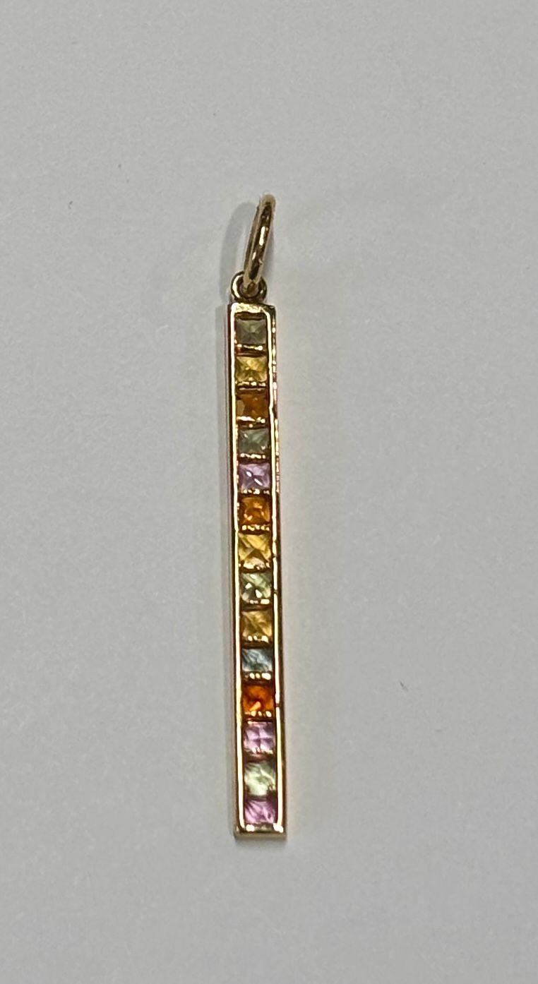 Charm, 14kYG Multi-colored, Rainbow Sapphire Bar Pendant, 1.67ctw