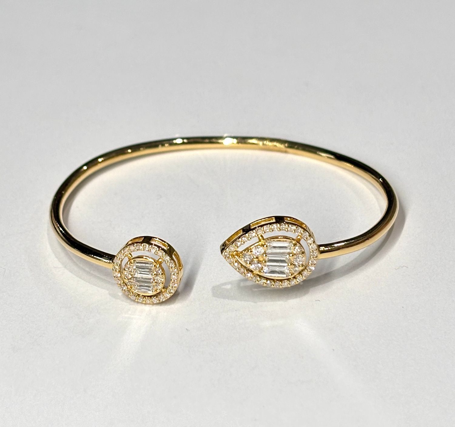 Bracelet, 14kYG Flex Bangle, Baguette and Pavé Pear and Round ends, .84ctw