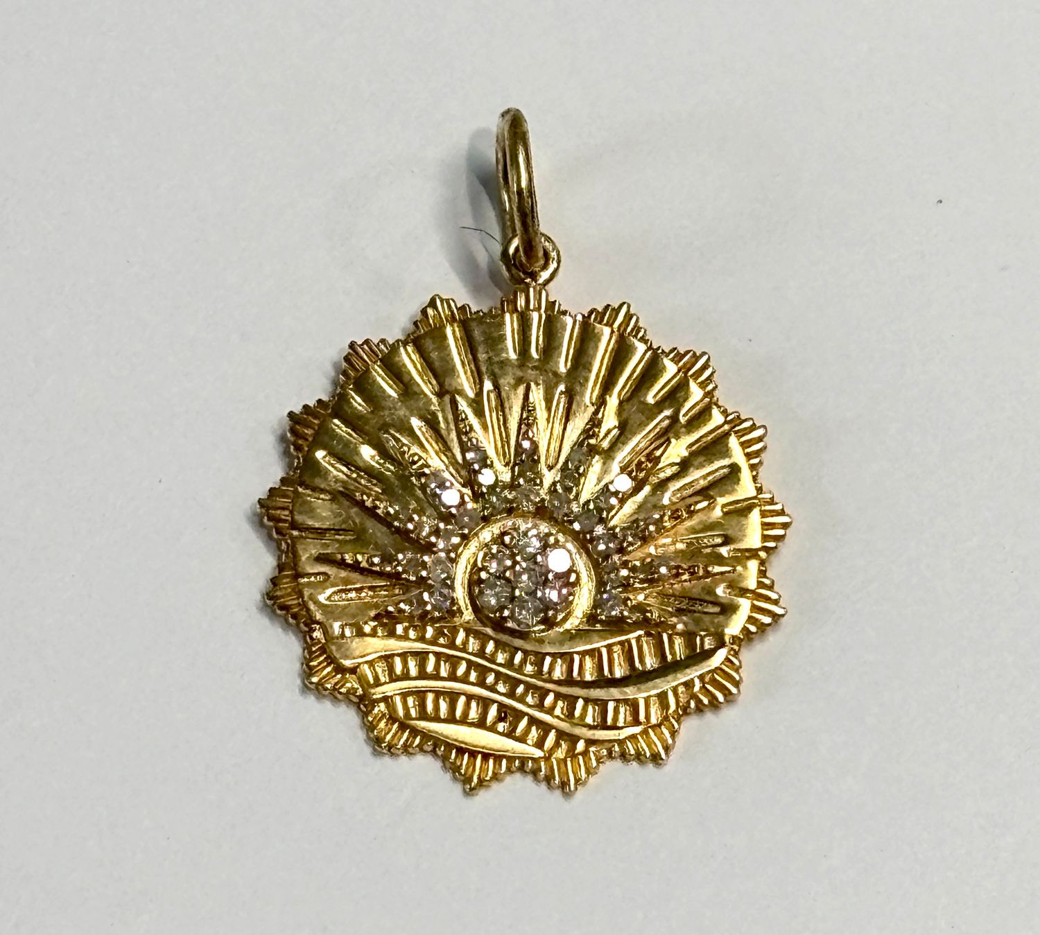 Charm, 14kYG Rising Sun Disc Pendant with Pavé Diaminds, .22ctw