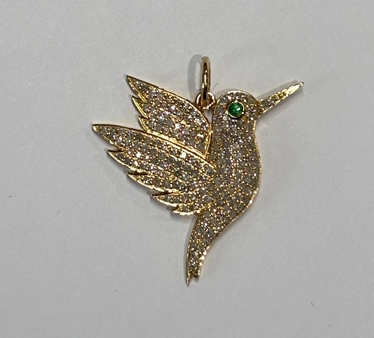 Charm,14KYG Hummingbird Pave Diamonds, Emerald Eye