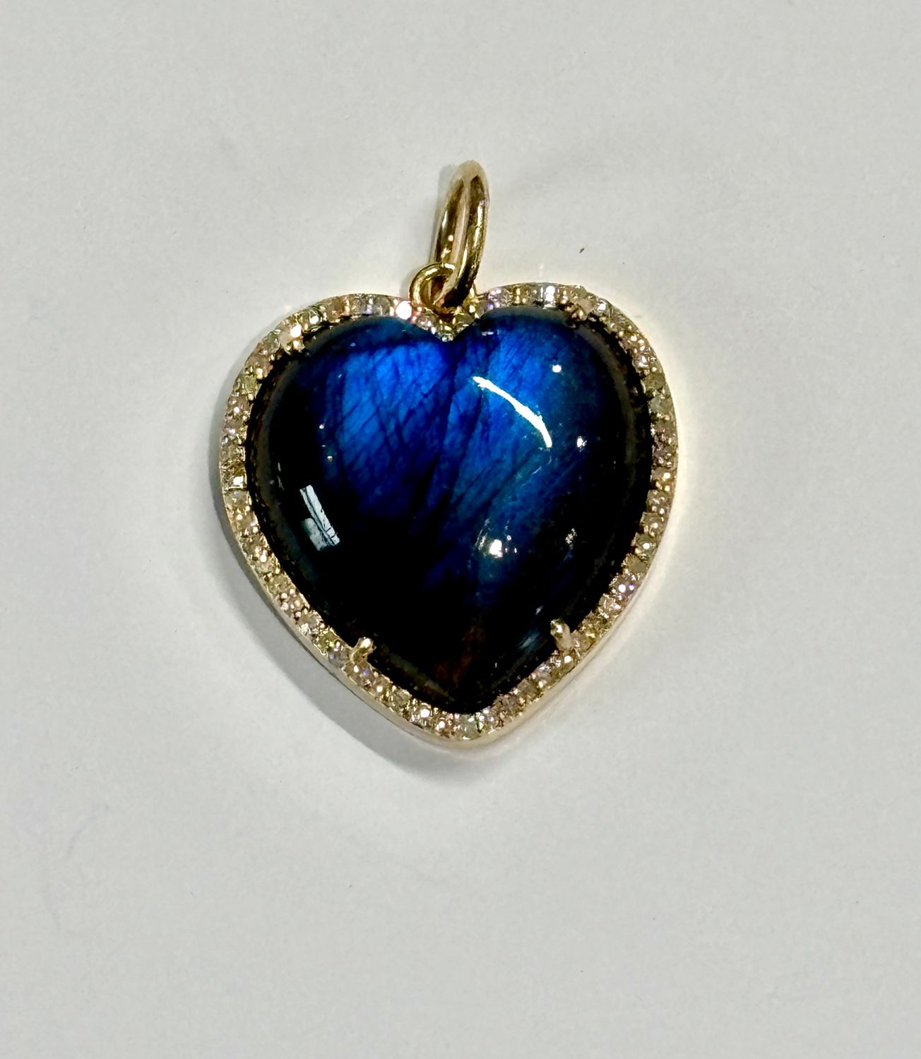 Charm, 14kYG Labradorite Cabuchon Heart with Pavé Diamond Surround, .24ctw
