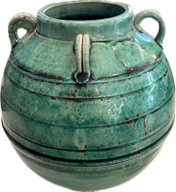 Jar Vase 4 Sculpted Handles Emerald Glaze Ceramic Heritage One Of A Kind