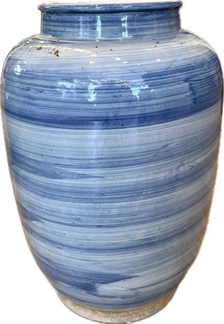 Jar Vase Azure Blue Glazed Ceramic, 16"H x 11"W