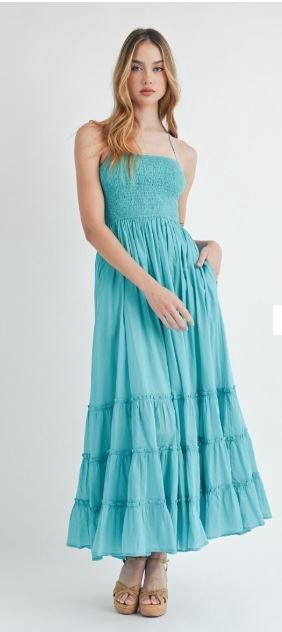 Solid Smocked Bust Spaghetti Strap Tiered Maxi Dress